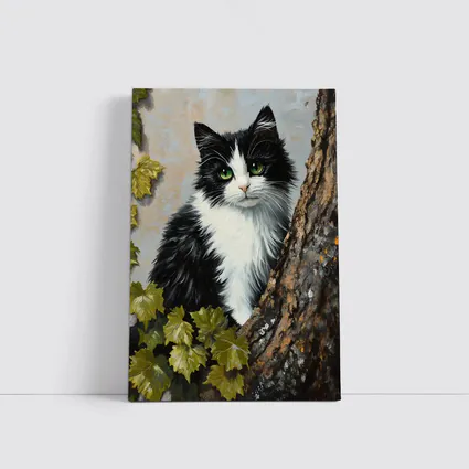 Black White Cat Green Eyes Tree Oil Painting