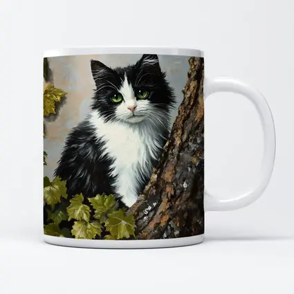 Black White Cat Green Eyes Tree Oil Painting