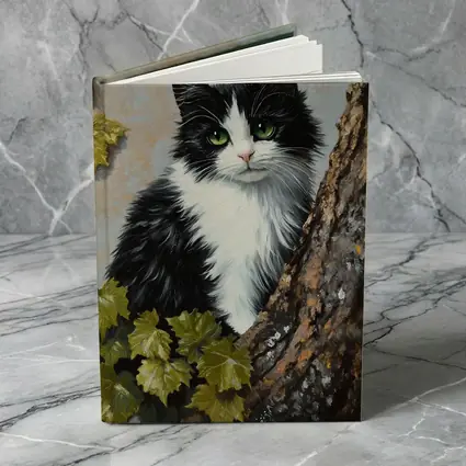 Black White Cat Green Eyes Tree Oil Painting