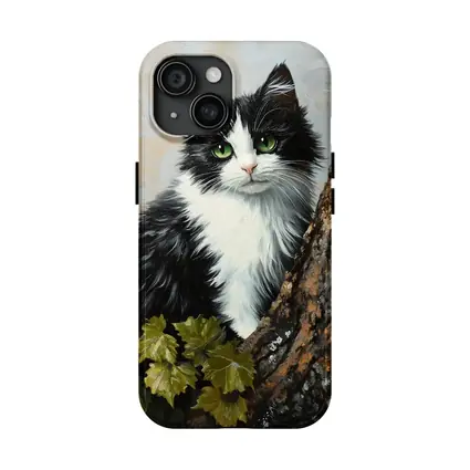 Black White Cat Green Eyes Tree Oil Painting