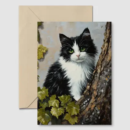 Black White Cat Green Eyes Tree Oil Painting