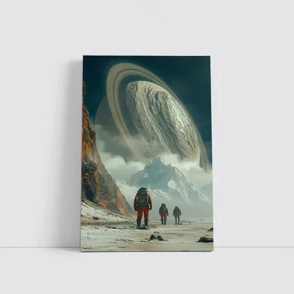Astronauts Walking Toward Ringed Planet Surface