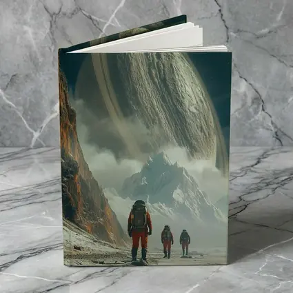Astronauts Walking Toward Ringed Planet Surface