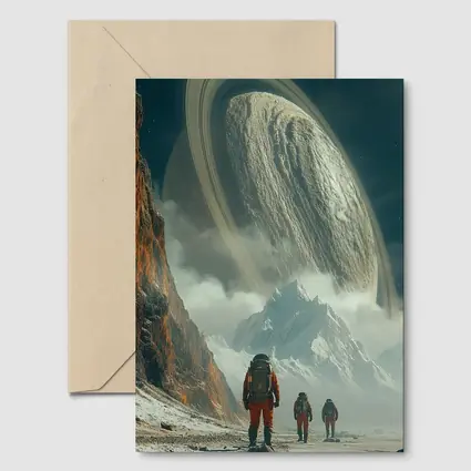 Astronauts Walking Toward Ringed Planet Surface