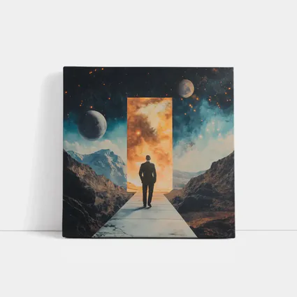 Man Walking Through Cosmic Portal Mountains