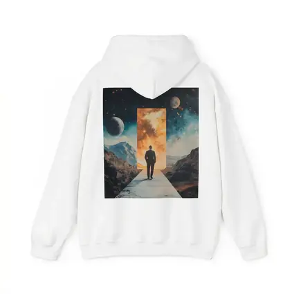 Man Walking Through Cosmic Portal Mountains