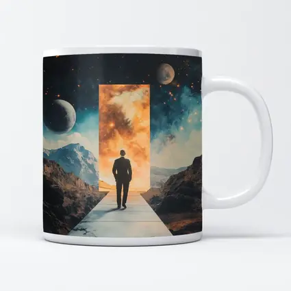 Man Walking Through Cosmic Portal Mountains