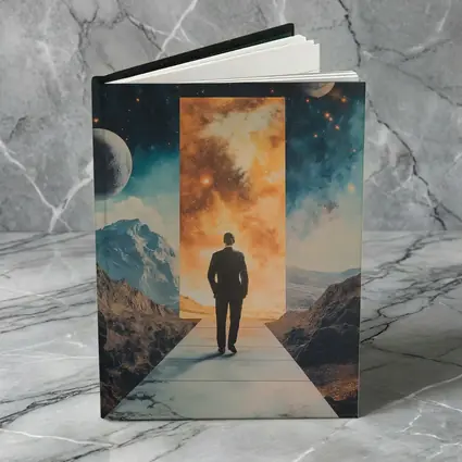 Man Walking Through Cosmic Portal Mountains