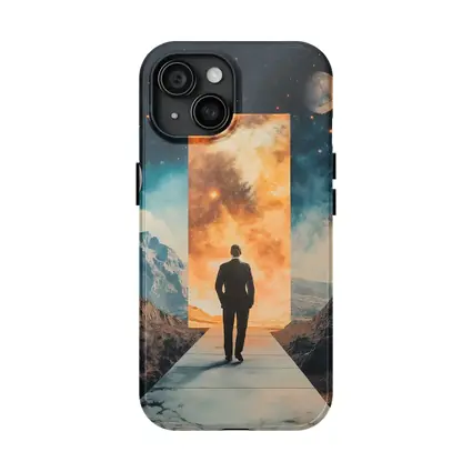 Man Walking Through Cosmic Portal Mountains