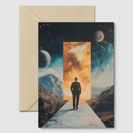 Man Walking Through Cosmic Portal Mountains