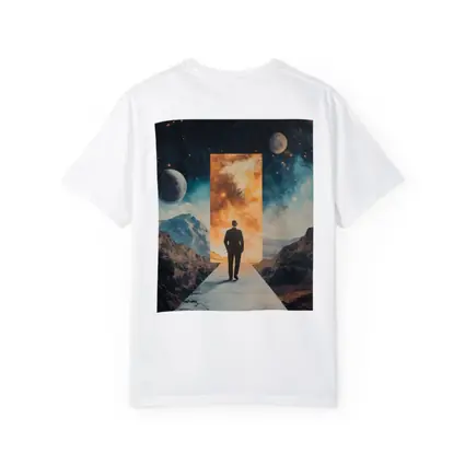 Man Walking Through Cosmic Portal Mountains
