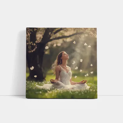 Woman Meditating Under Cherry Blossom Tree