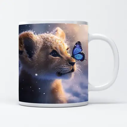 Lion Cub With Blue Butterfly In Snow