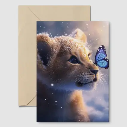 Lion Cub With Blue Butterfly In Snow
