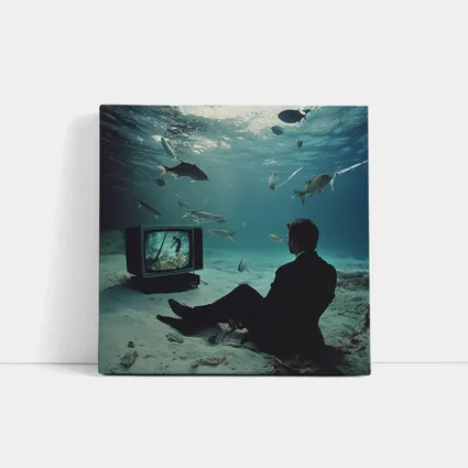 Man in Suit Watching TV Underwater