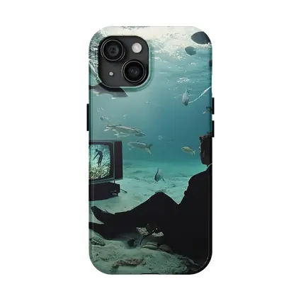 Man in Suit Watching TV Underwater