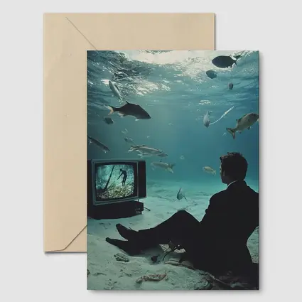 Man in Suit Watching TV Underwater