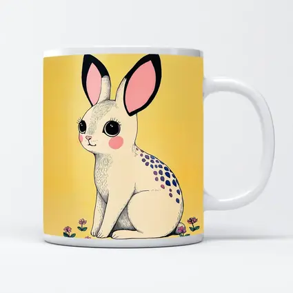 Cute White Bunny With Flowers Yellow Background