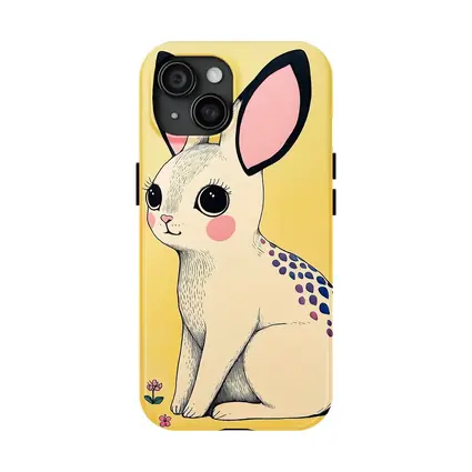 Cute White Bunny With Flowers Yellow Background