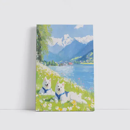 Two White Samoyed Dogs Alpine Lake Painting
