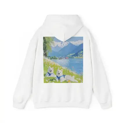 Two White Samoyed Dogs Alpine Lake Painting