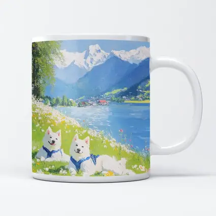 Two White Samoyed Dogs Alpine Lake Painting
