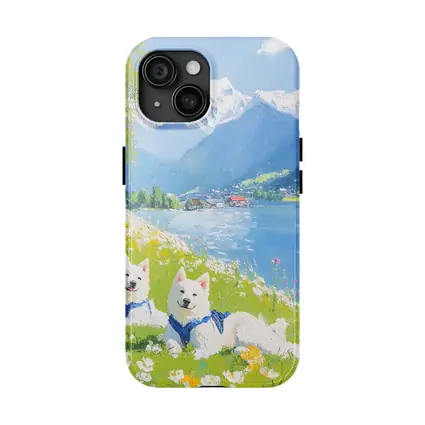 Two White Samoyed Dogs Alpine Lake Painting