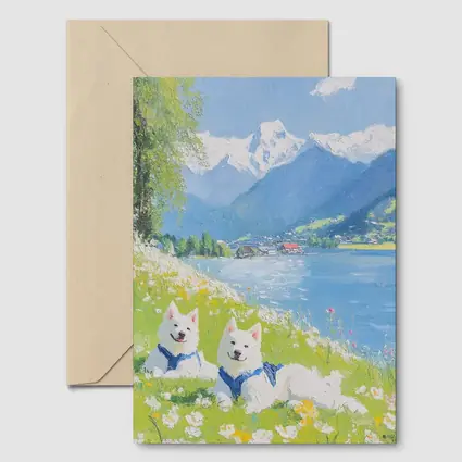 Two White Samoyed Dogs Alpine Lake Painting