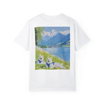 Two White Samoyed Dogs Alpine Lake Painting