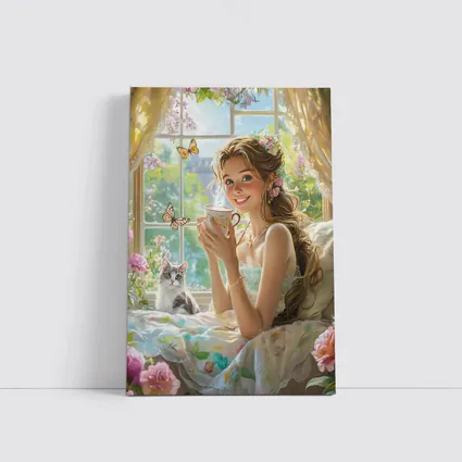 Girl With Tea Cup Cat Butterflies Fantasy