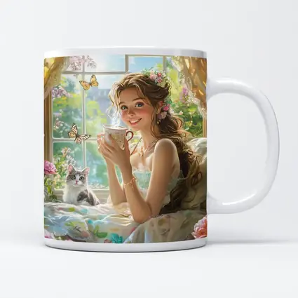 Girl With Tea Cup Cat Butterflies Fantasy
