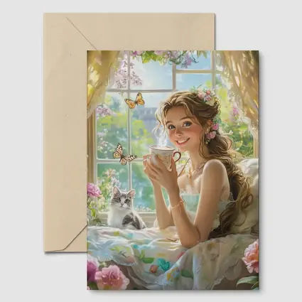 Girl With Tea Cup Cat Butterflies Fantasy