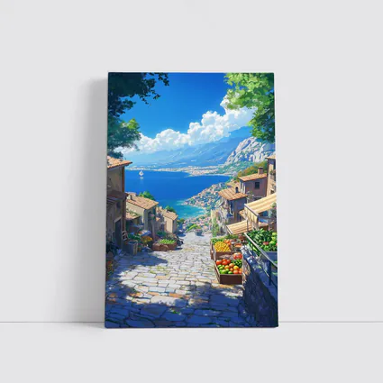 Mediterranean Coastal Village Street Anime Art