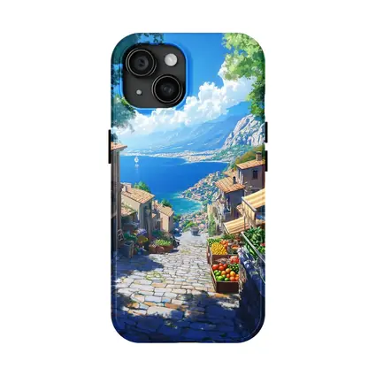Mediterranean Coastal Village Street Anime Art