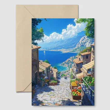 Mediterranean Coastal Village Street Anime Art