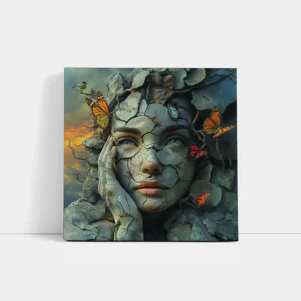 Cracked Stone Woman Face Butterflies Surreal Art