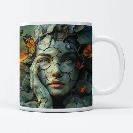 Cracked Stone Woman Face Butterflies Surreal Art