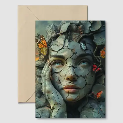 Cracked Stone Woman Face Butterflies Surreal Art