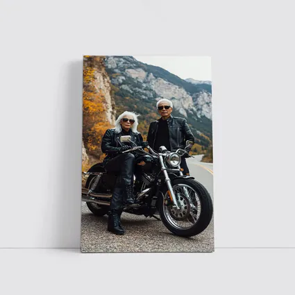 Older Couple Posing With Harley Davidson Mountain Road