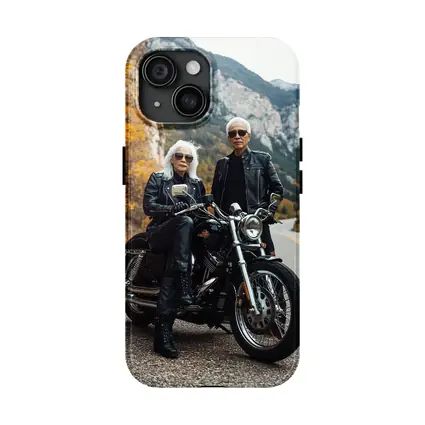 Older Couple Posing With Harley Davidson Mountain Road