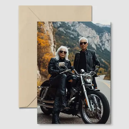 Older Couple Posing With Harley Davidson Mountain Road