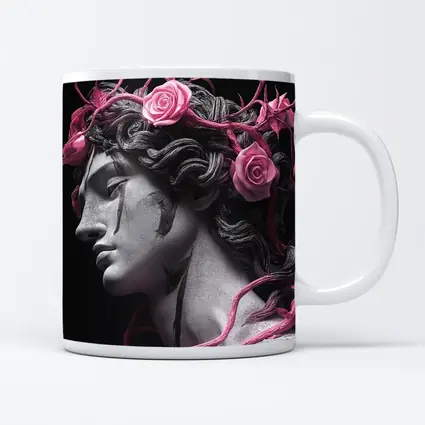 Greek Statue Pink Roses Dark Background