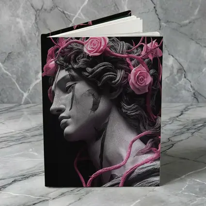 Greek Statue Pink Roses Dark Background