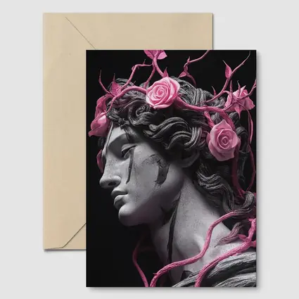Greek Statue Pink Roses Dark Background