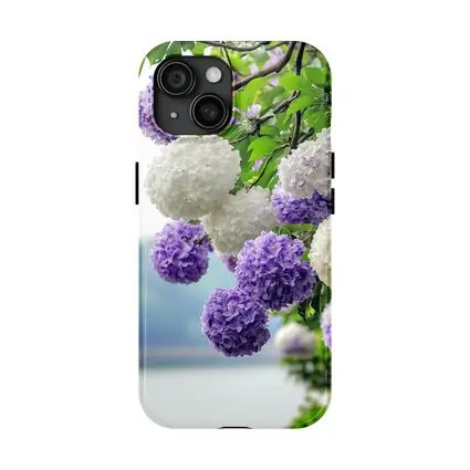Purple White Hydrangea Blooms Over Lake