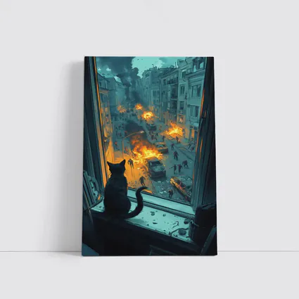 Cat Watching Chaotic City Street Fire