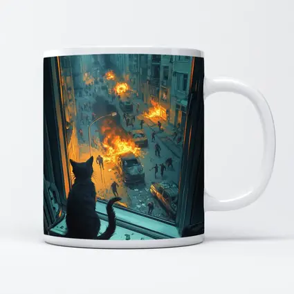 Cat Watching Chaotic City Street Fire
