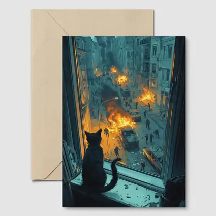 Cat Watching Chaotic City Street Fire