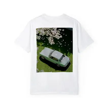 Mint Classic Car Parked Under Blooming Trees