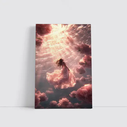Woman Floating Underwater Pink Peonies Light